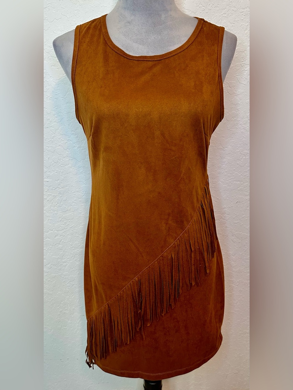 1st Kiss Faux Suede Fringe Dress Brown Boho Western Sleeveless Mini Size L